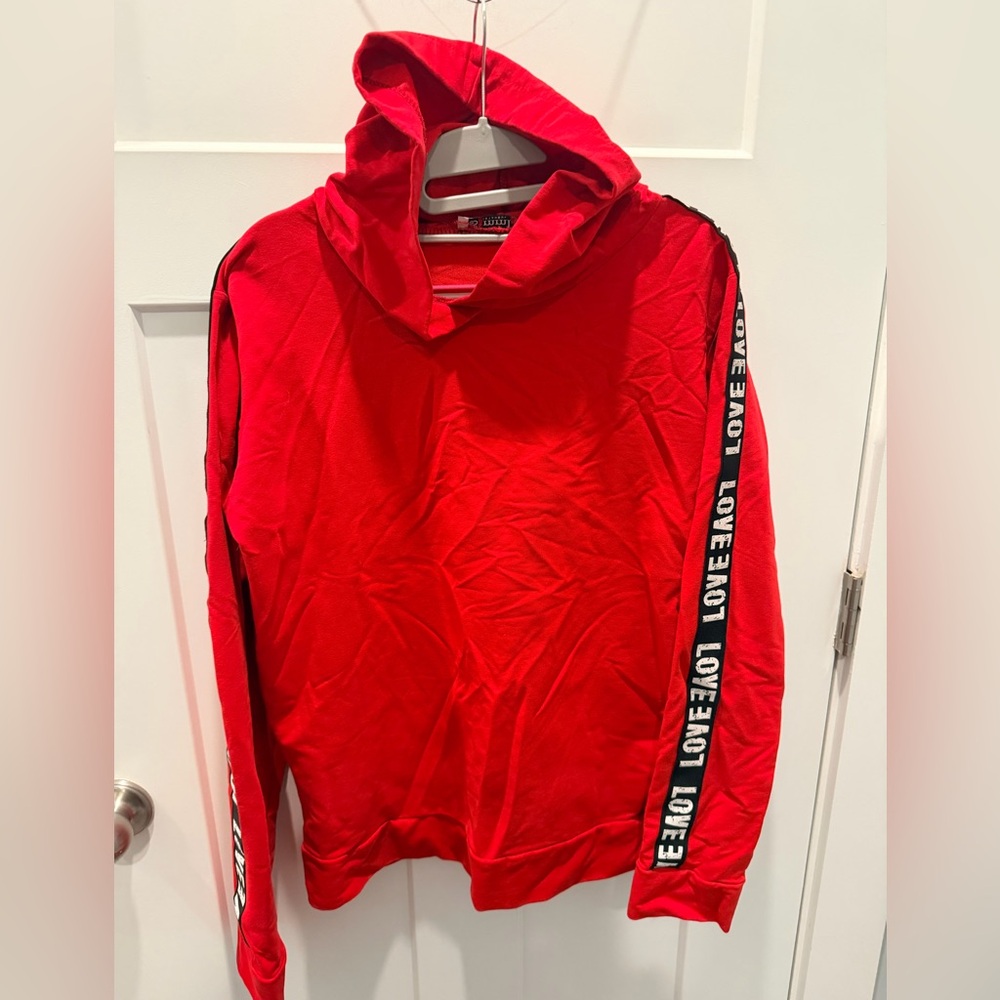 Simmly Red Hoodie Love Tape Sleeve Sweatshirt Women’s Large Casual Top
